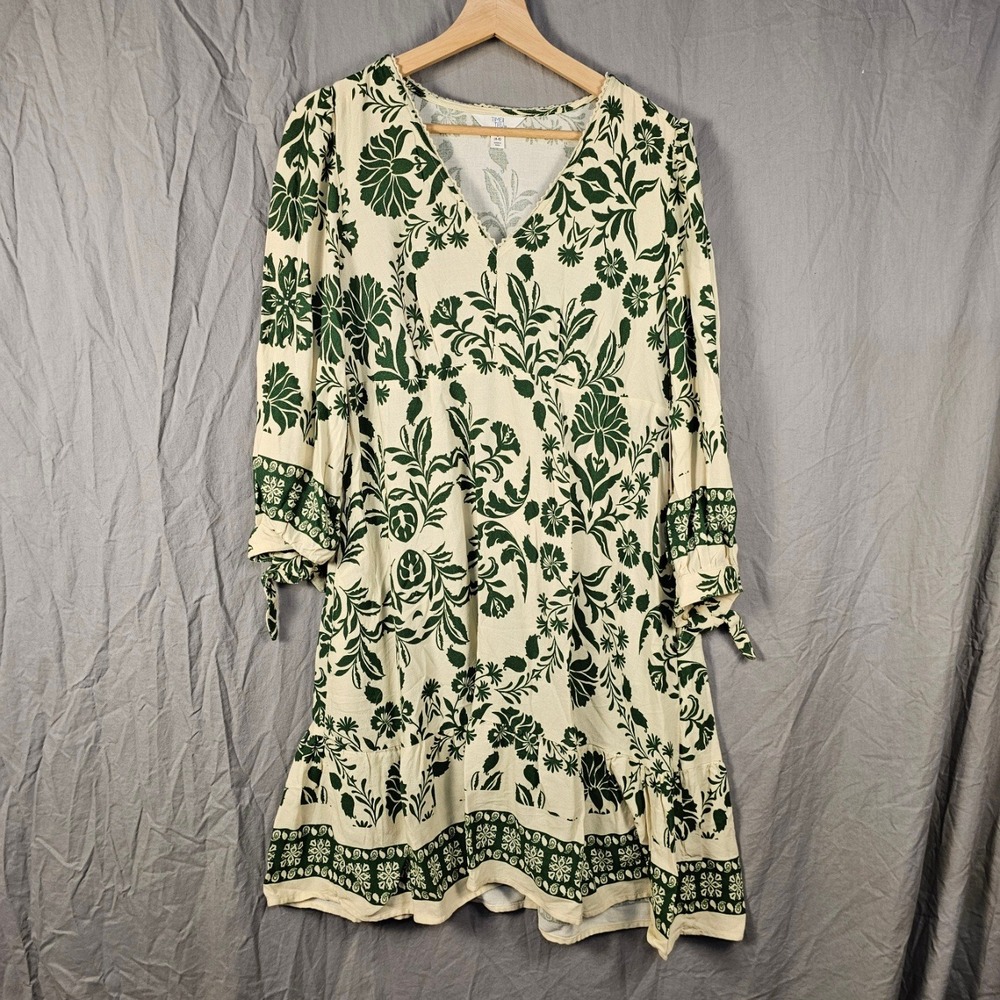 Time and Tru Women Green Floral Linen Blend Mini A-Line Border Dress Small 4-6